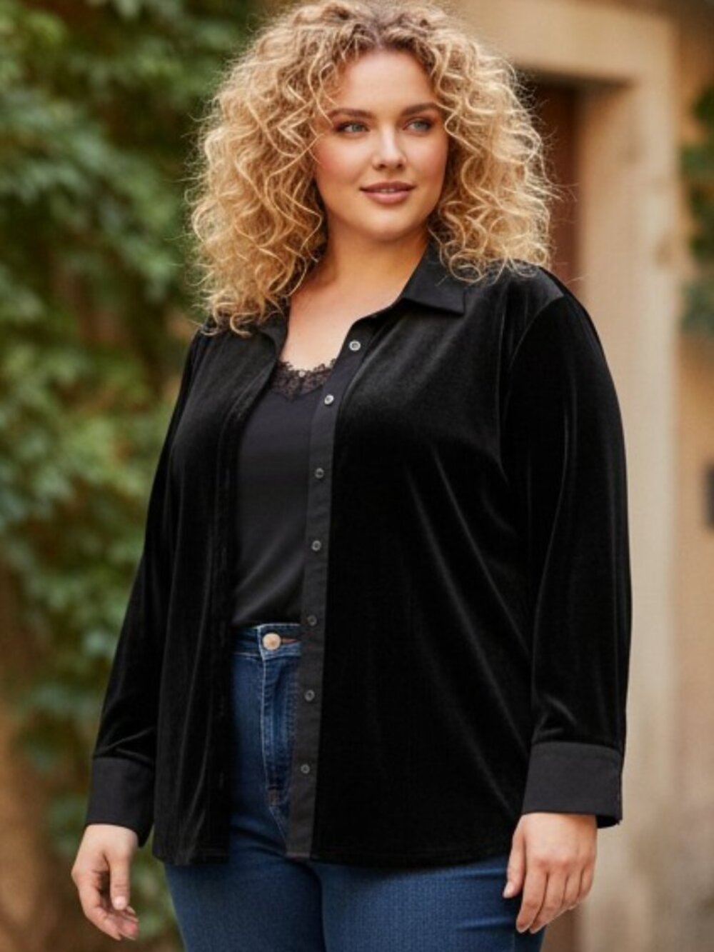 CJ Banks Black Stretch Velvet button down top. Size 2x